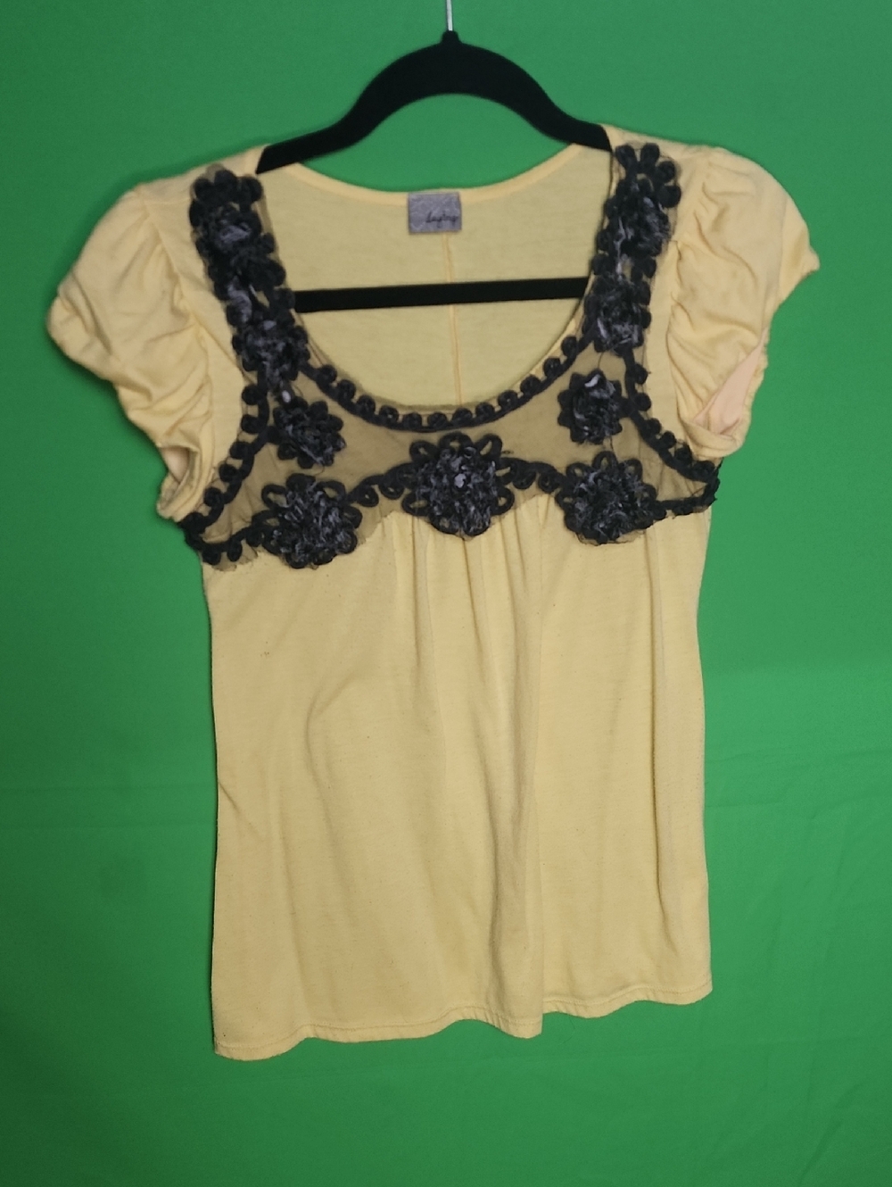 Daytrip Pale Yellow Scoop Neck Top with Black Floral Applique